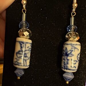 Hand Crafted Ceramic Earrings with Blue Accents and AB Crystals